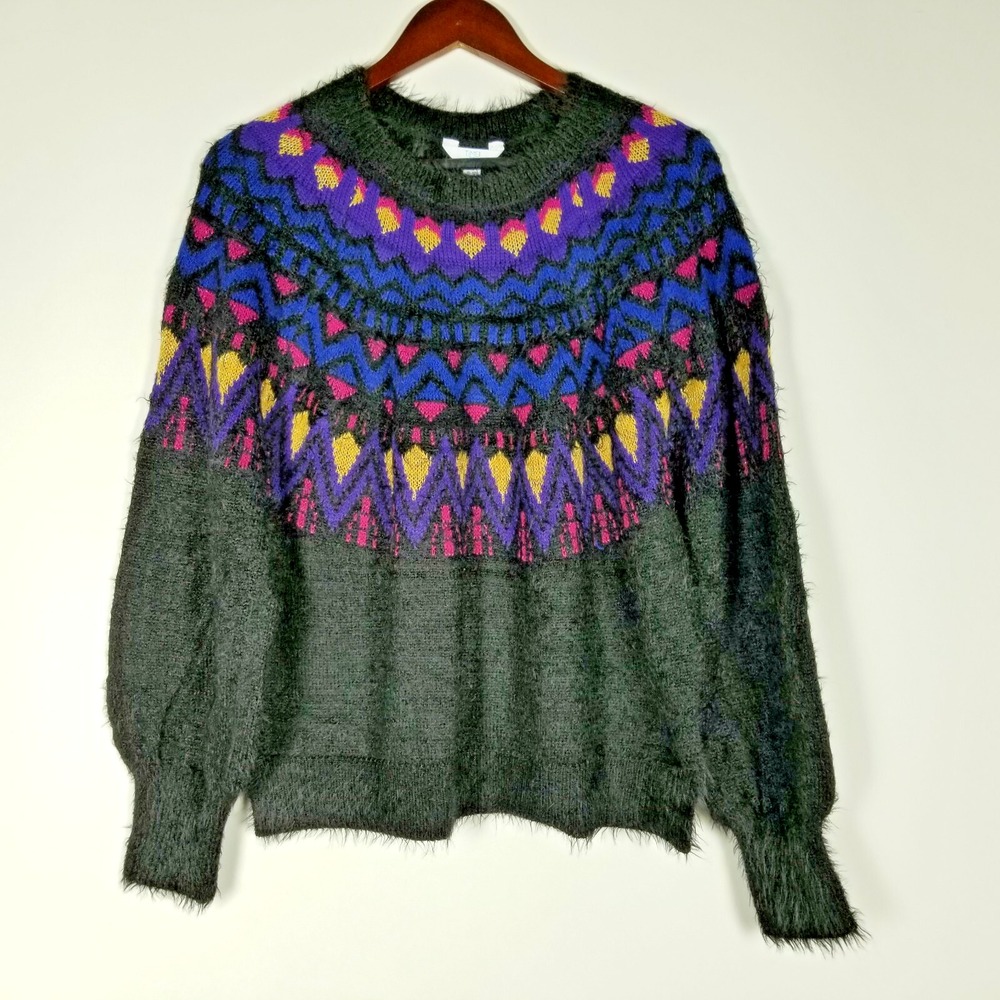 TIME AND TRU Womens Sweater Sz S 4 6 Black Fuzzy Vintage Style Chevron Striped (